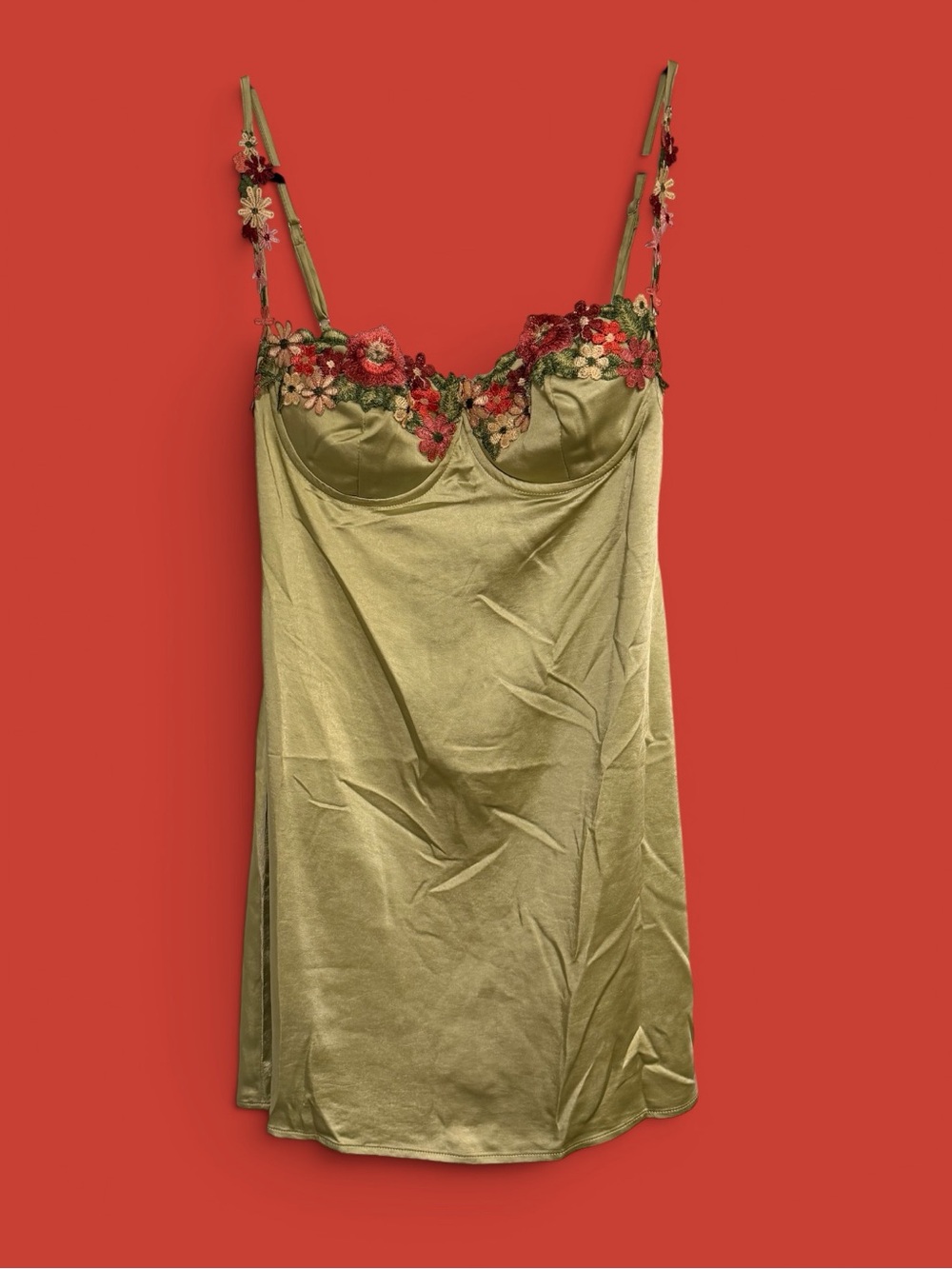 Princess Polly Olive Green Satin Slip with Floral Embroidered Bust
